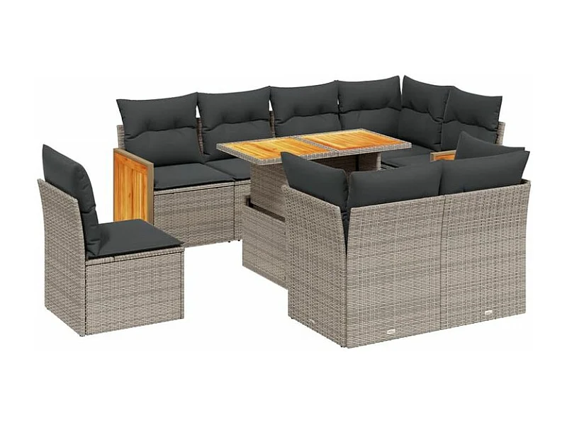 Salon de jardin 9 pcs avec coussins gris résine tressée