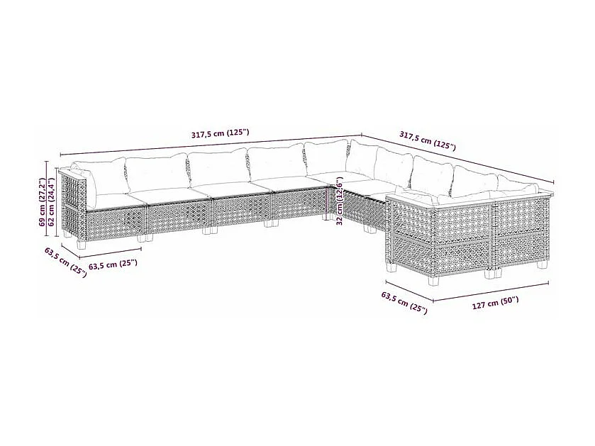 Salon de jardin 10 pcs avec coussins noir résine tressée