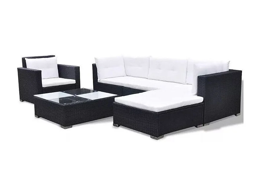 Salon de jardin 6 pièces résine tressée noir coussins blanc Kim 2