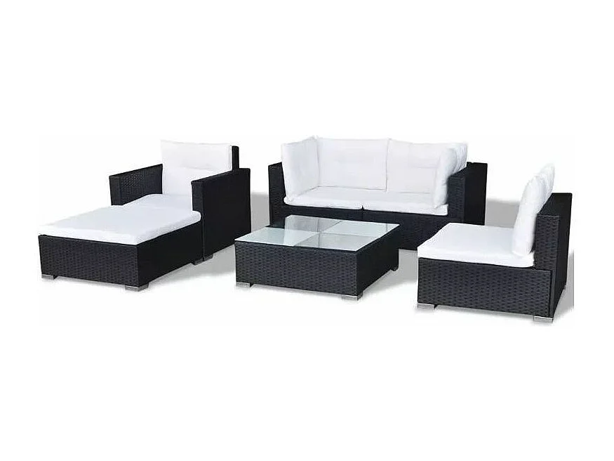 Salon de jardin 6 pièces résine tressée noir coussins blanc Kim 2