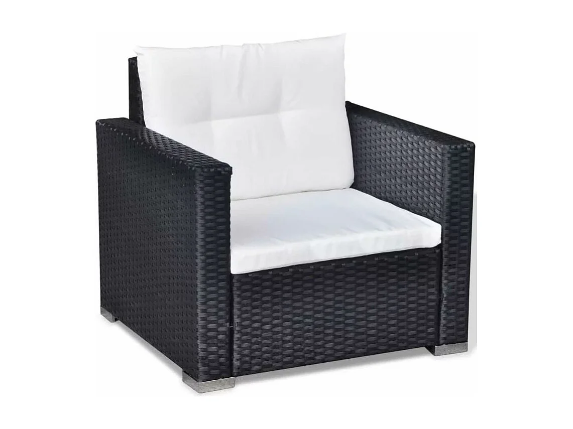 Salon de jardin 6 pièces résine tressée noir coussins blanc Kim 2