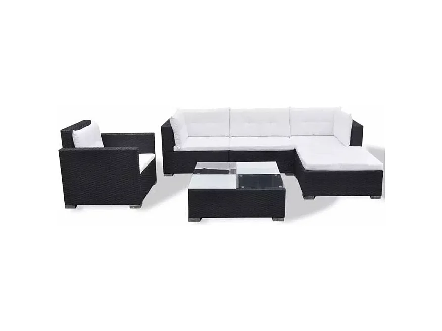 Salon de jardin 6 pièces résine tressée noir coussins blanc Kim 2