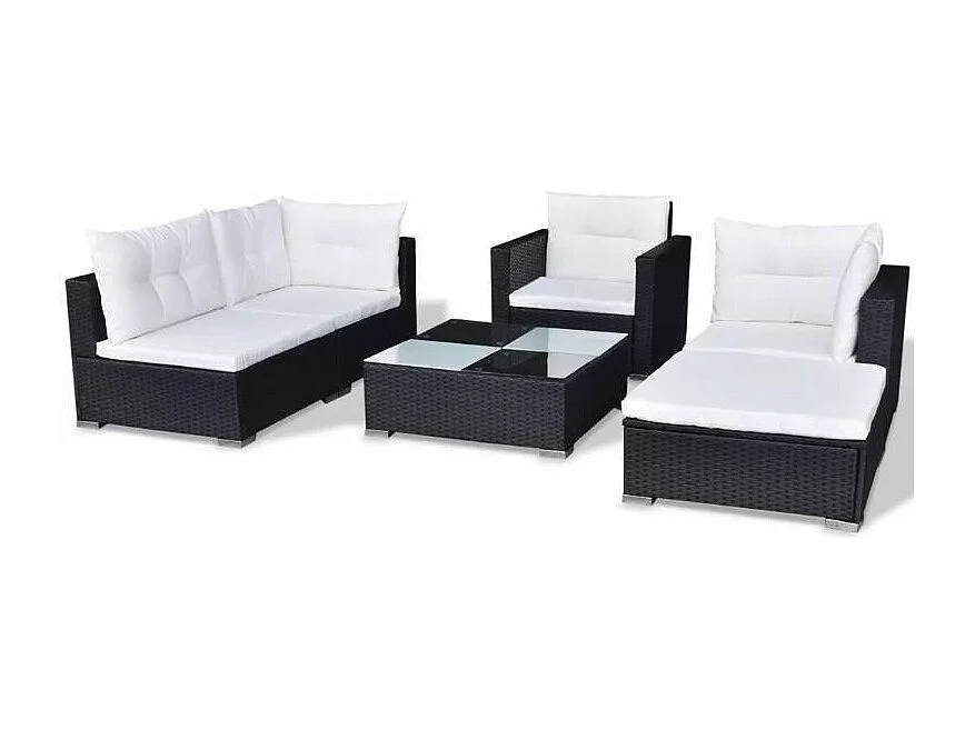 Salon de jardin 6 pièces résine tressée noir coussins blanc Kim 2