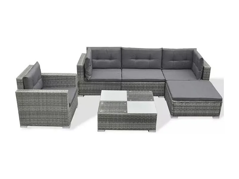 Salon de jardin 6 pièces résine tressée coussins gris Kim