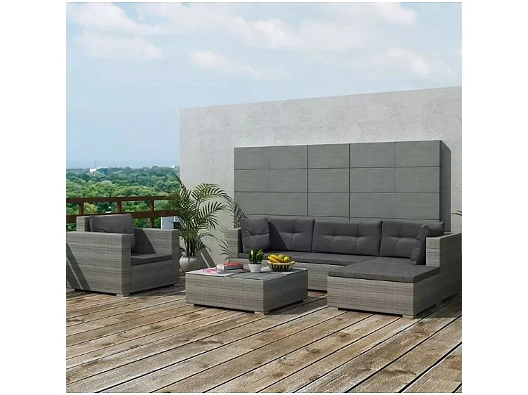 Salon de jardin 6 pièces résine tressée coussins gris Kim