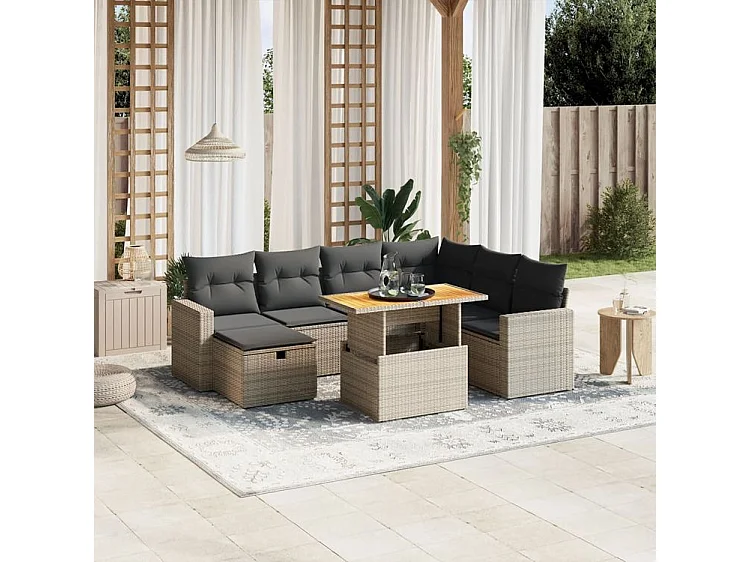 Salon de jardin 8 pcs avec coussins gris résine tressée