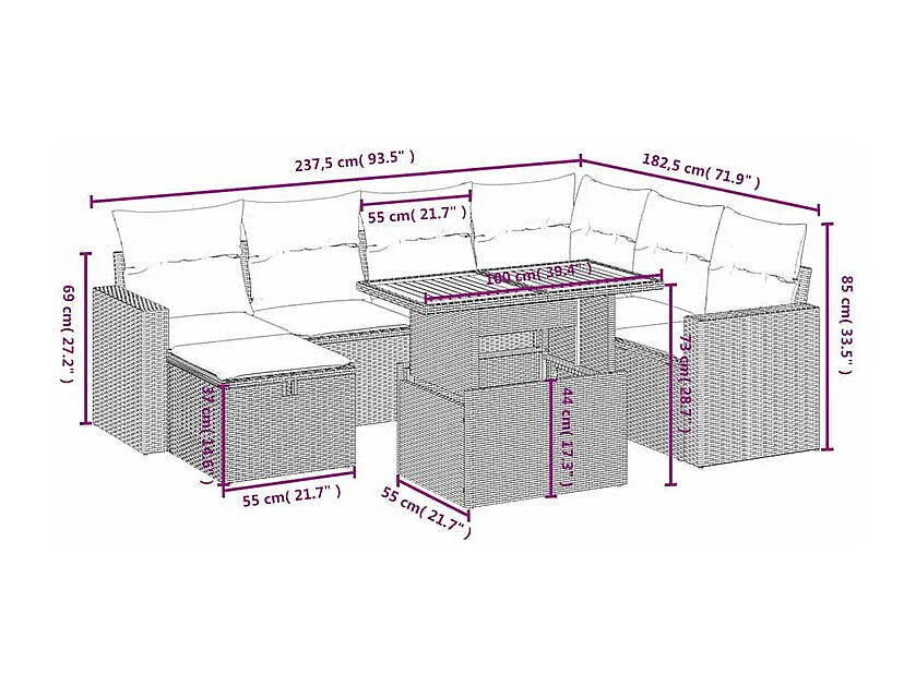 Salon de jardin 8 pcs avec coussins gris résine tressée