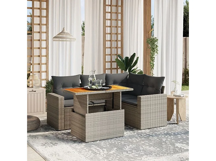 Salon de jardin 5 pcs avec coussins gris résine tressée