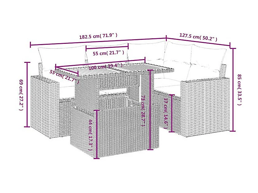 Salon de jardin 5 pcs avec coussins gris résine tressée