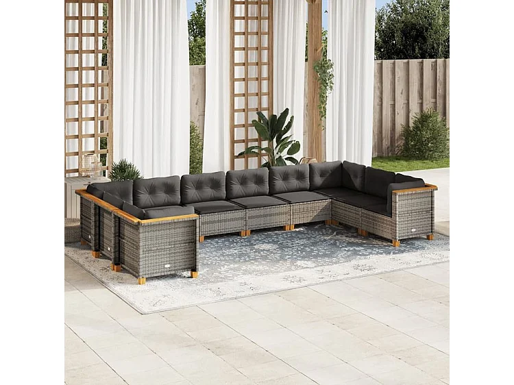 Salon de jardin avec coussins 10 pcs gris résine tressée