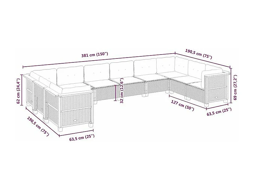 Salon de jardin avec coussins 10 pcs gris résine tressée