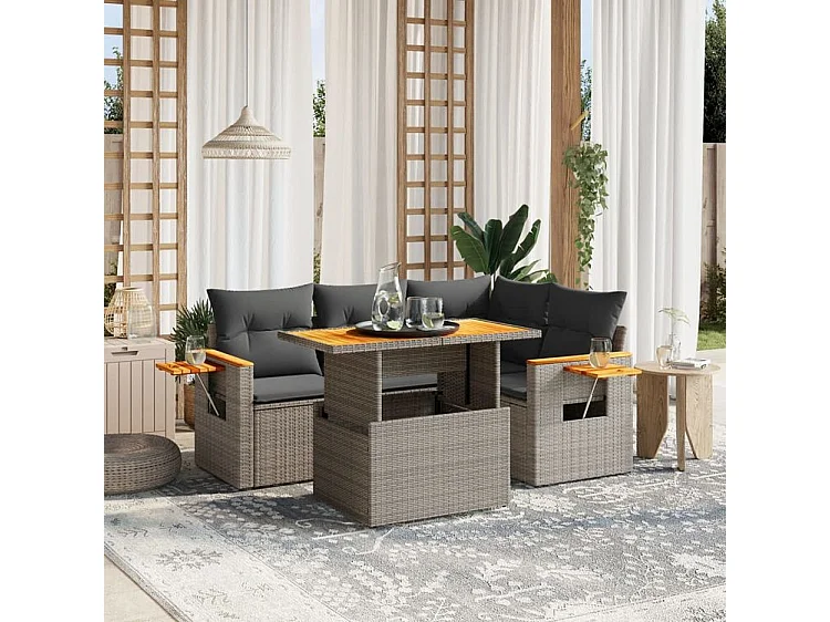 Salon de jardin 5 pcs avec coussins gris résine tressée