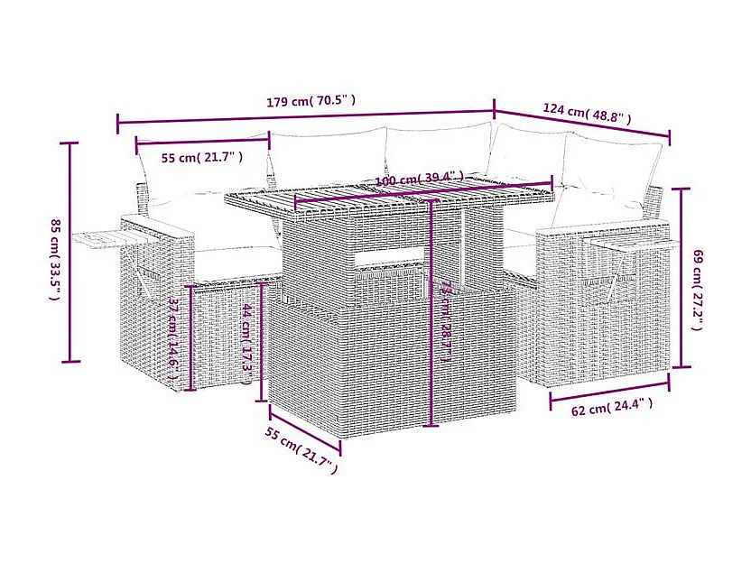Salon de jardin 5 pcs avec coussins gris résine tressée