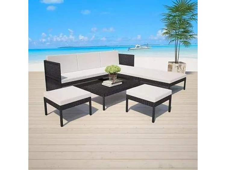 Salon de jardin modulaire 1 canapé résine noir coussins blanc Kesaria