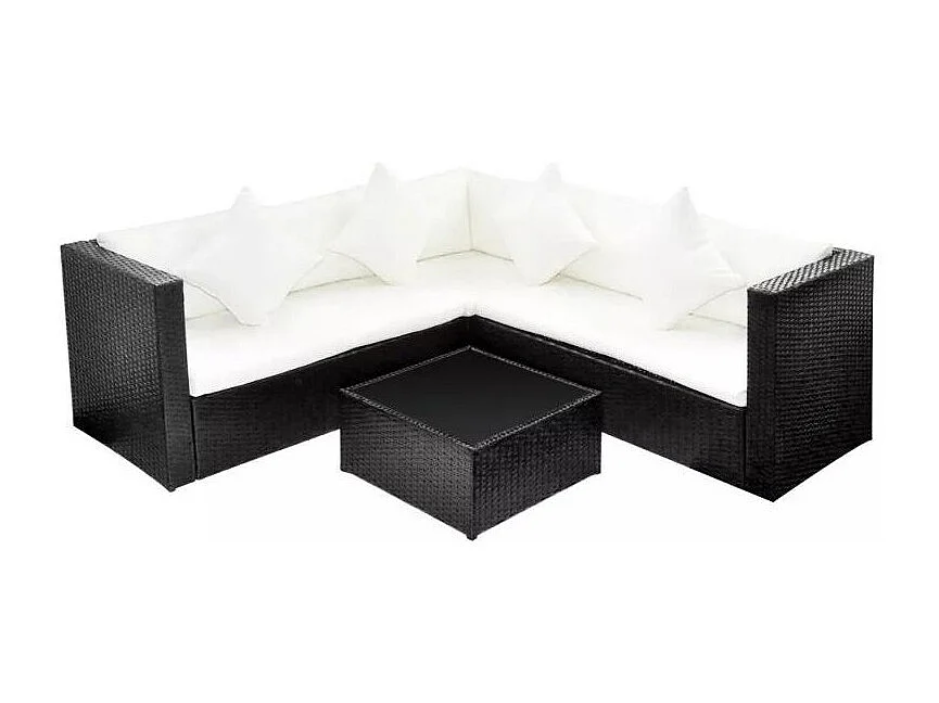 Salon de jardin 3 pièces résine tressée noir et coussins blanc Kim 2