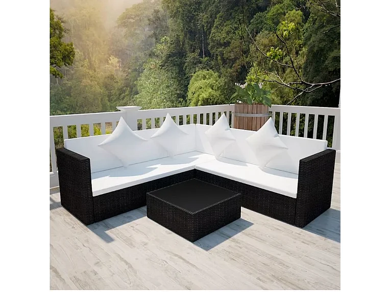 Salon de jardin 3 pièces résine tressée noir et coussins blanc Kim 2