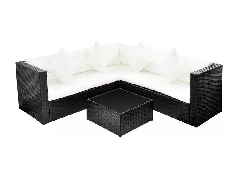 Salon de jardin 3 pièces résine tressée noir et coussins blanc Kim 2