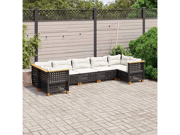 Salon de jardin 7 pcs avec coussins noir résine tressée