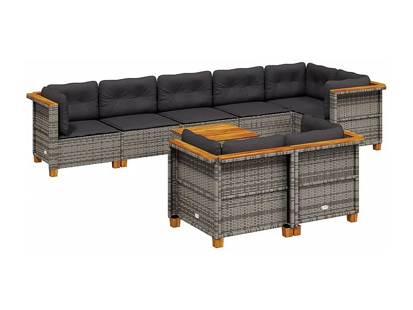 Salon de jardin 9 pcs avec coussins gris résine tressée