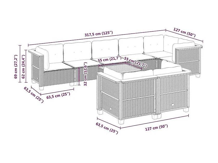 Salon de jardin 9 pcs avec coussins gris résine tressée