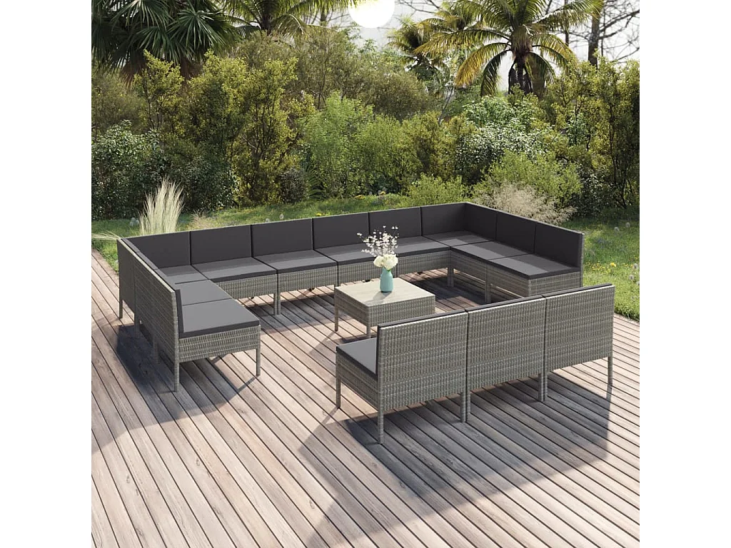 Salon de jardin 14 pcs avec coussins Résine tressée Gris