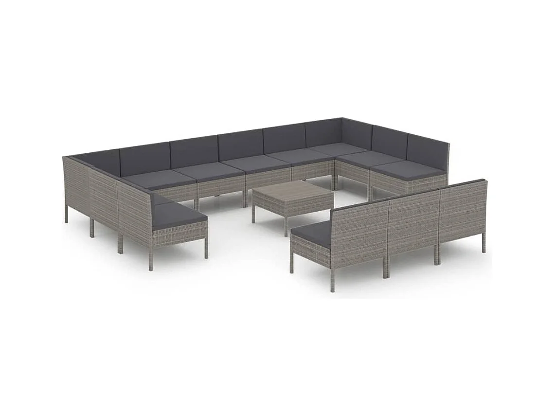 Salon de jardin 14 pcs avec coussins Résine tressée Gris
