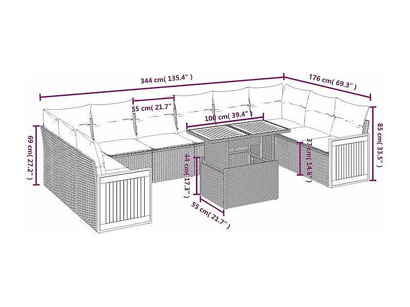 Salon de jardin 11 pcs avec coussins gris résine tressée