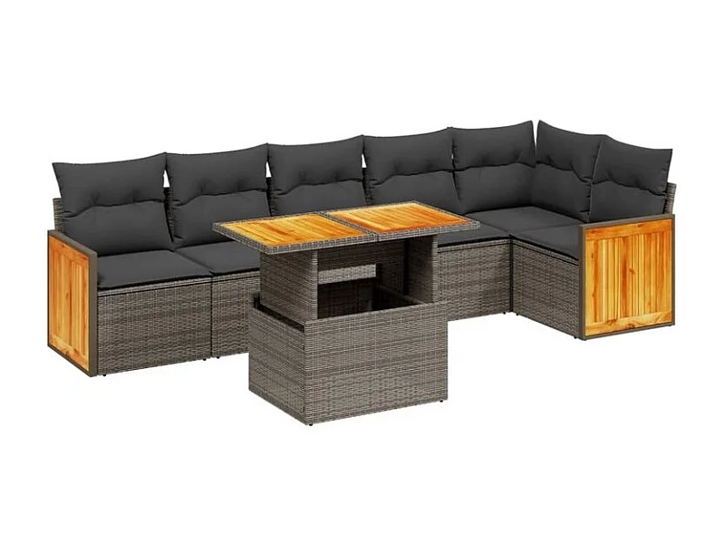 Salon de jardin avec coussins 7 pcs gris résine tressée