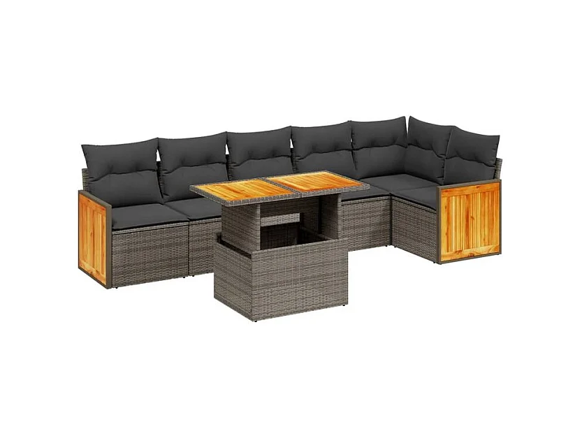 Salon de jardin avec coussins 7 pcs gris résine tressée