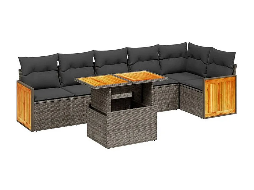 Salon de jardin avec coussins 7 pcs gris résine tressée