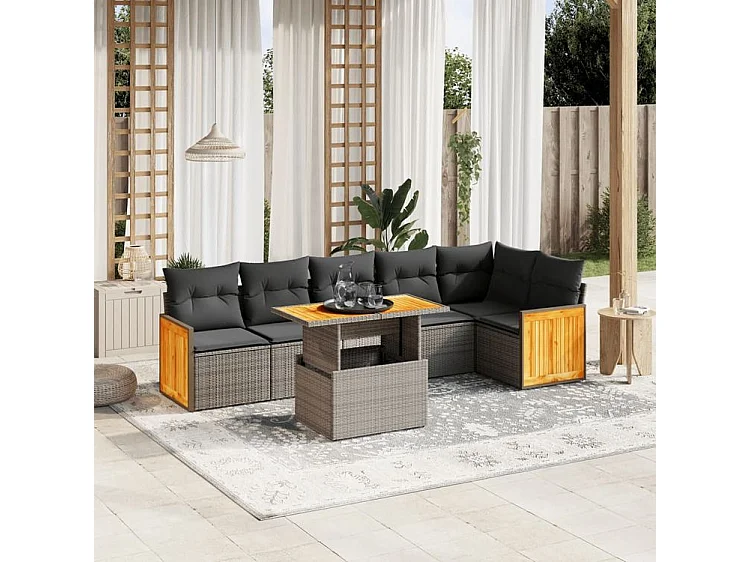 Salon de jardin avec coussins 7 pcs gris résine tressée