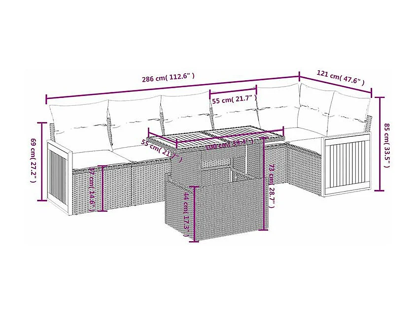 Salon de jardin avec coussins 7 pcs gris résine tressée