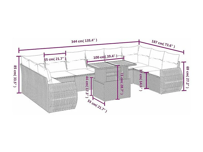 Salon de jardin 11 pcs avec coussins gris résine tressée