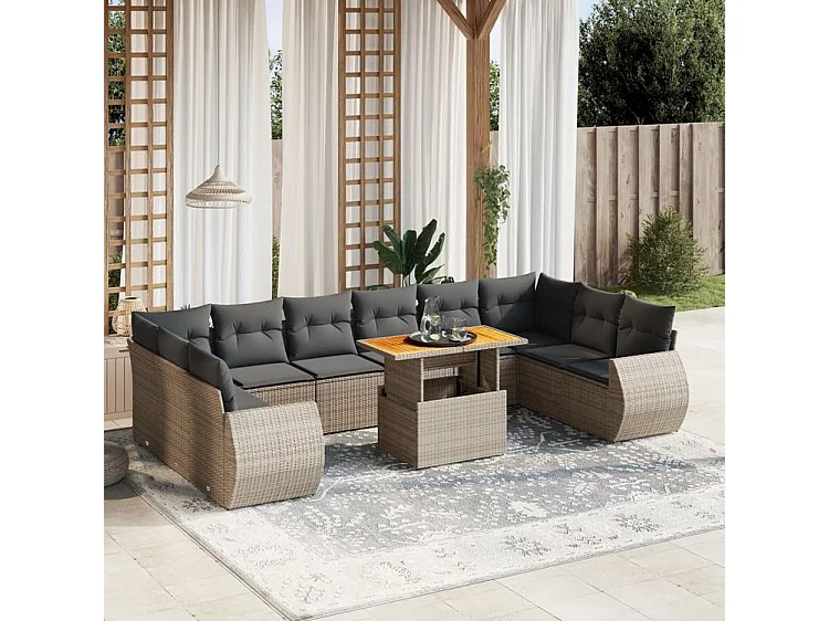 Salon de jardin 11 pcs avec coussins gris résine tressée