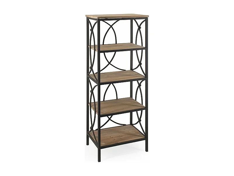 Etagère Bibliothèque avec 4 tablettes fer forgé noir et bois massif naturel Kalioka 42cm