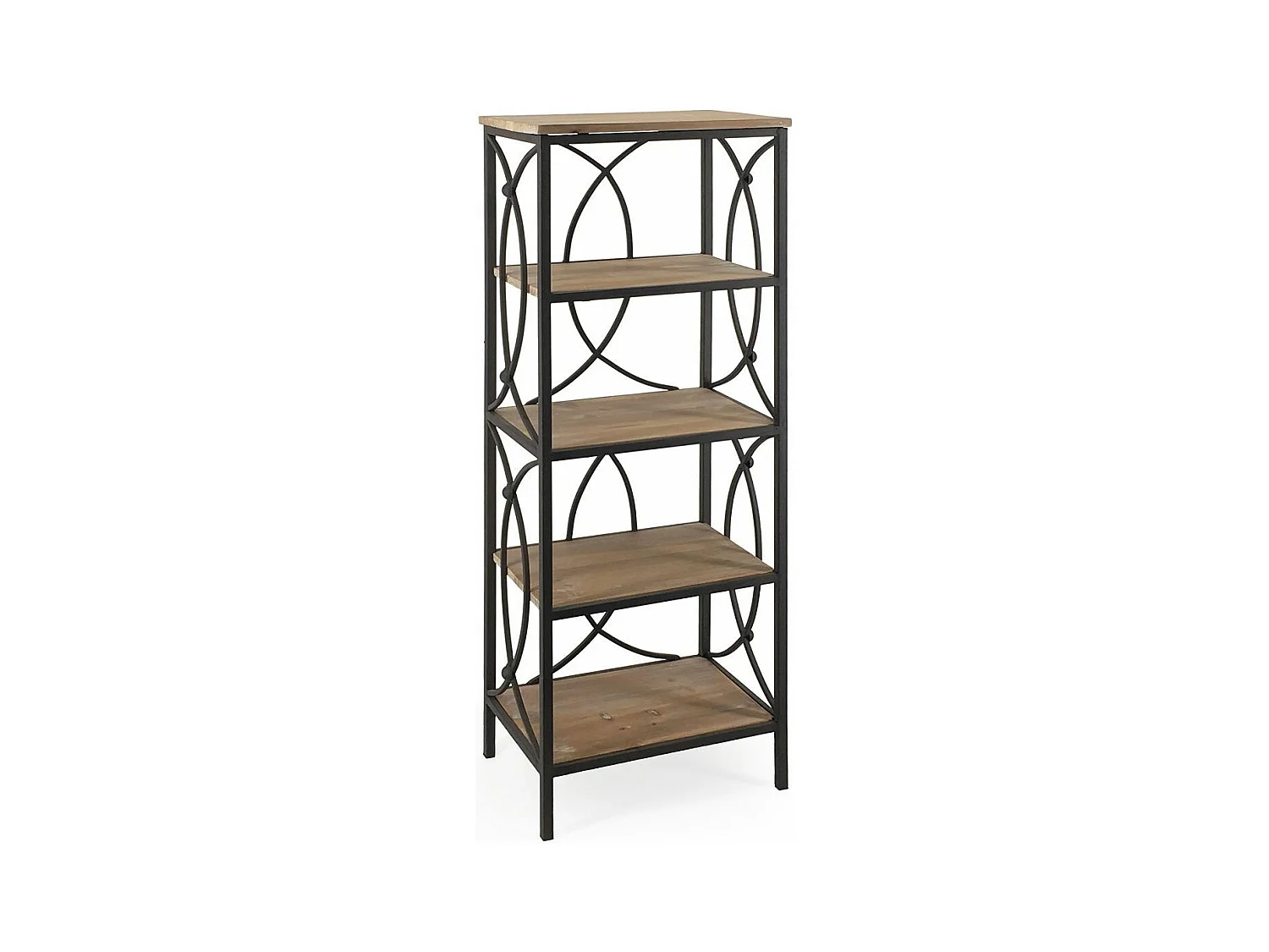 Etagère Bibliothèque avec 4 tablettes fer forgé noir et bois massif naturel Kalioka 42cm