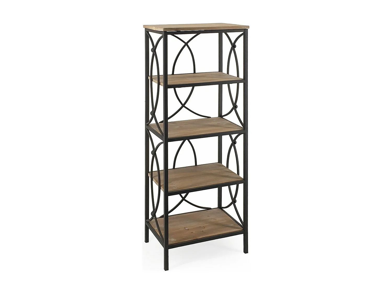 Etagère Bibliothèque avec 4 tablettes fer forgé noir et bois massif naturel Kalioka 42cm
