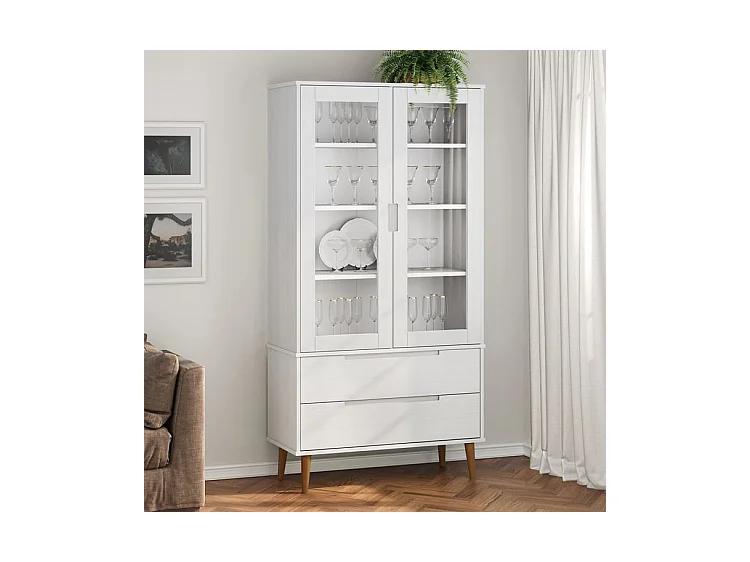 Vitrinekast MOLDE 90x35x175 cm massief grenenhout wit