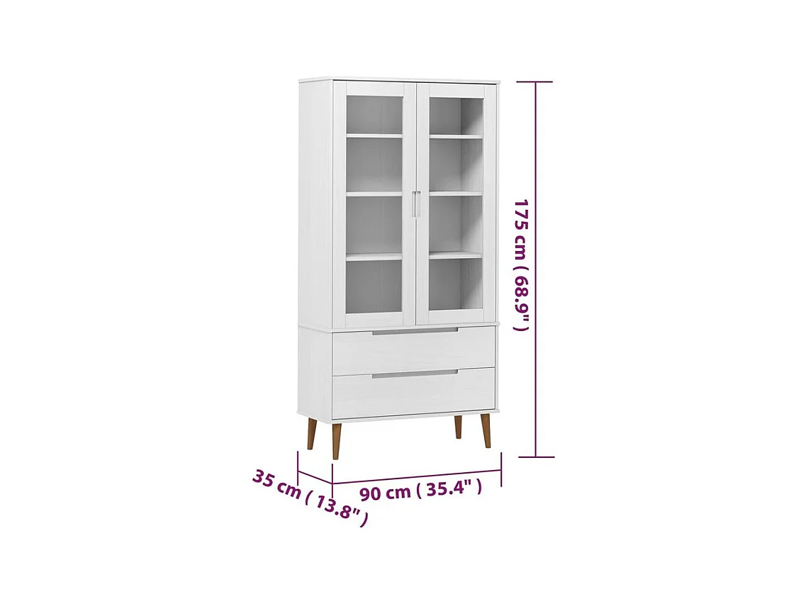 Vitrinekast MOLDE 90x35x175 cm massief grenenhout wit