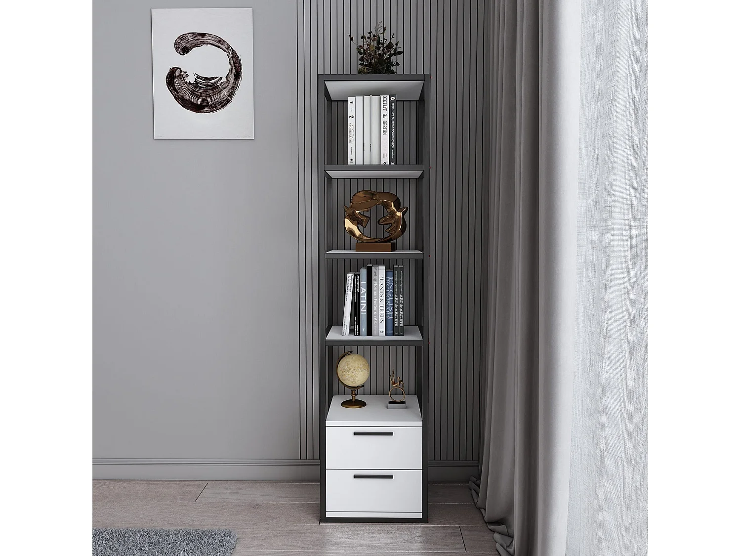 Estantería moderna en blanco y negro, 39 x 39 x 160 cm | Tablero de partículas 100% melaminado, 18 mm de grosor, estructura metálica | Soluc