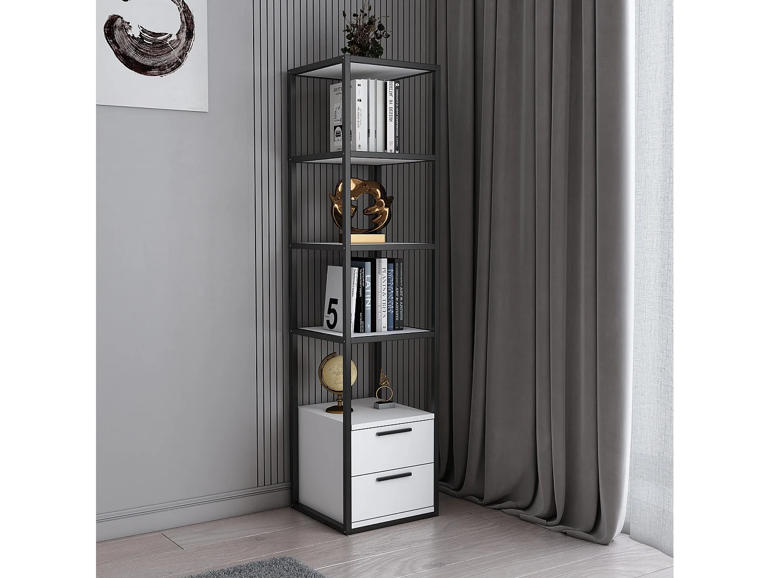 Estante moderna, preta e branca, 39 x 39 x 160 cm | Painel de partículas 100% revestido de melamina, 18 mm de espessura, estrutura de metal