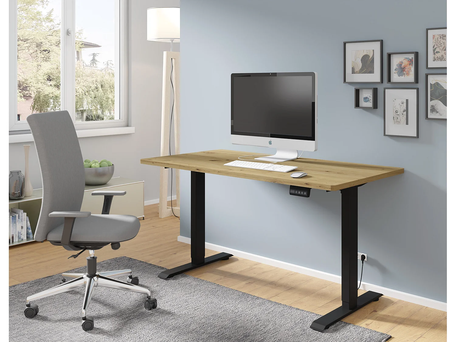 Bureau réglable en hauteur électrique 120x65x2,5cm noir/Chêne Artisan