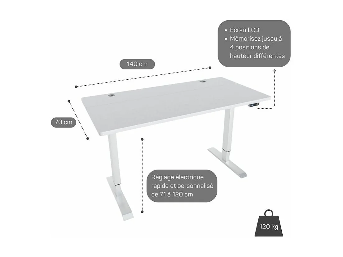 Bureau assis debout électrique 140*70 cm - Plateau Blanc / Pieds couleur au choix