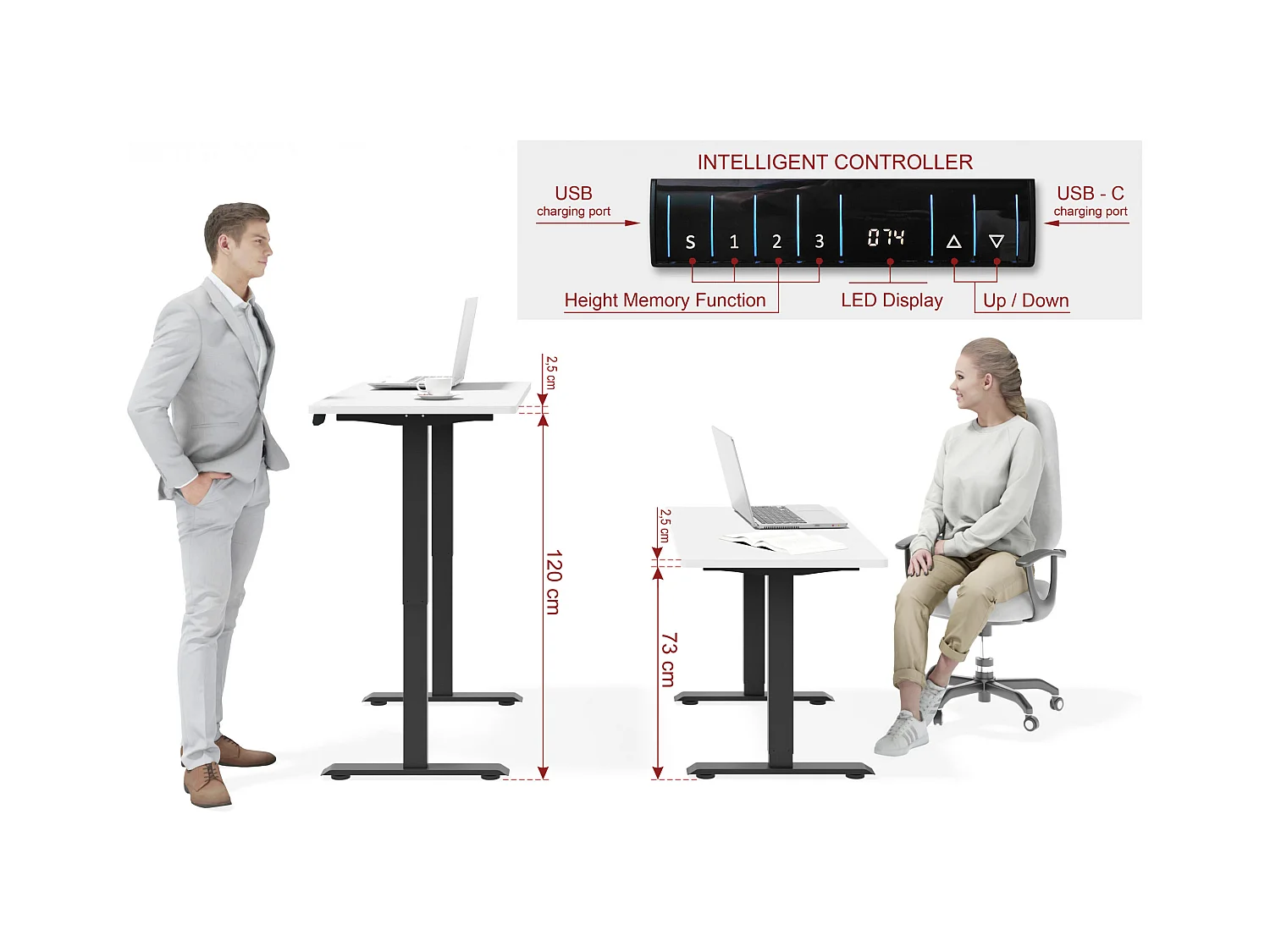 Bureau réglable en hauteur électrique 120x65x2,5cm noir/blanc mat