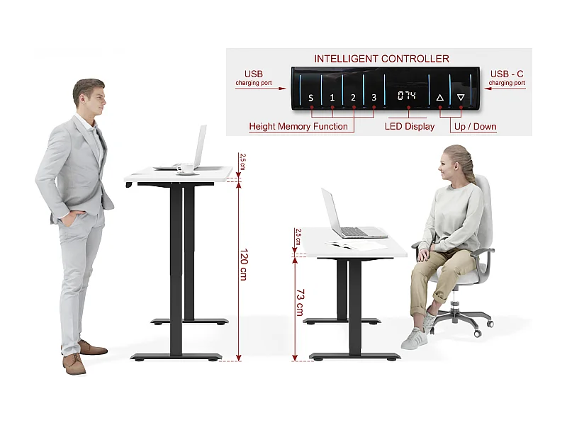 Elektrisch verstelbaar bureau 120x65 zwart/mat wit
