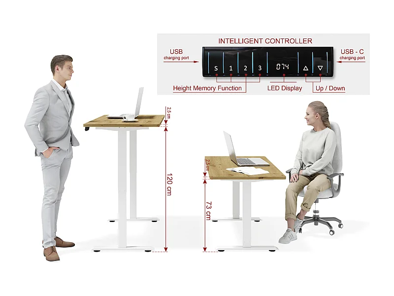 Elektrisch verstelbaar bureau 120x65 wit/artisan eik