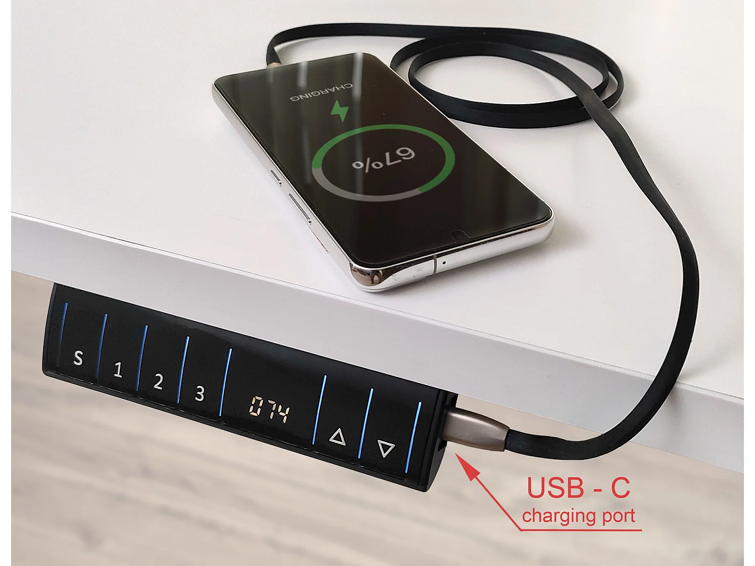 Bureau réglable en hauteur électrique 120x65x2,5cm blanc/Chêne Artisan