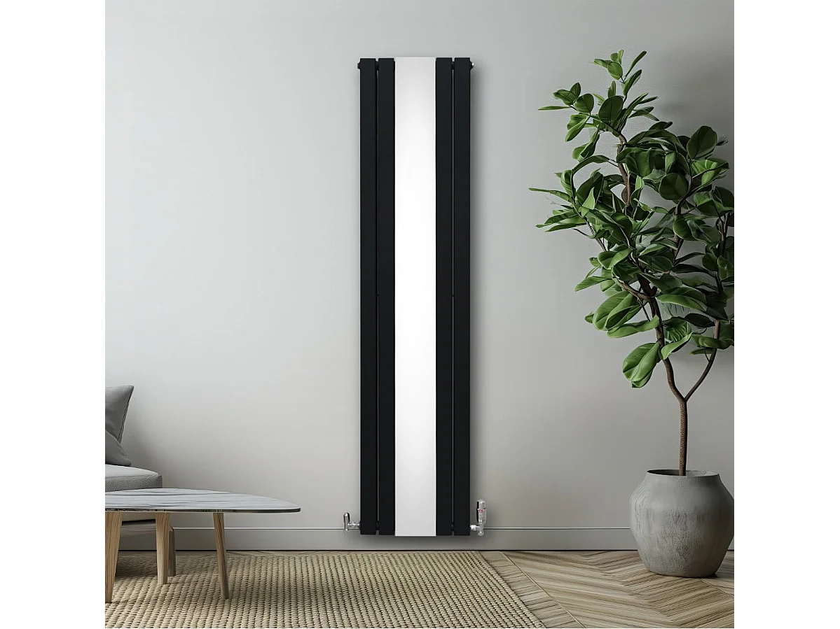 Radiador Plano con Espejo y Válvulas Cromadas TVR - 1800 mm x 425 mm - Negro