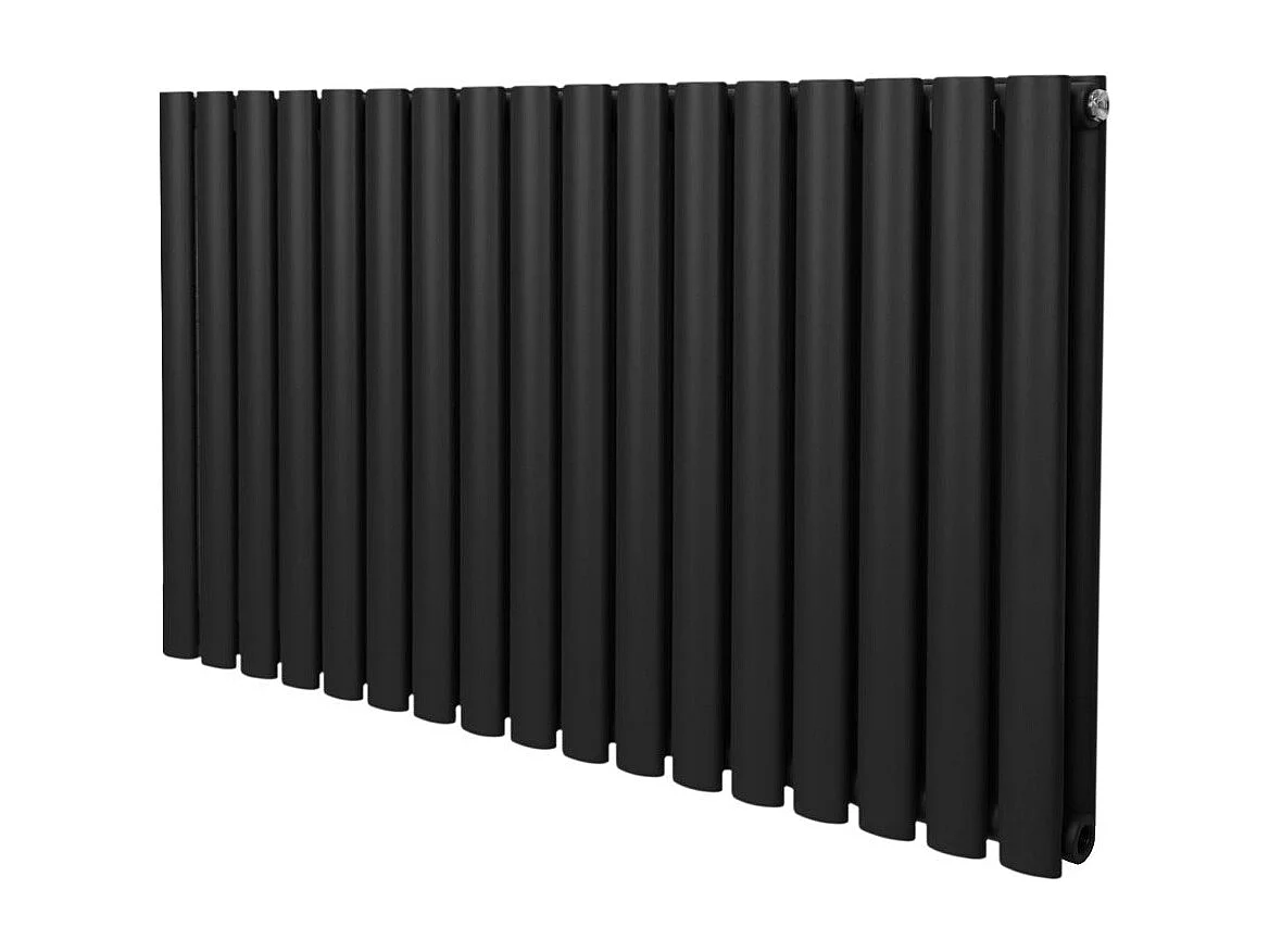 Radiatore a colonna ovale 600 mm x 1020mm Designer Doppio pannello Termosifone Nero Acciaio Orizzontale Inclusi Spazzola per la pulizia Kit di fissaggio e staffe