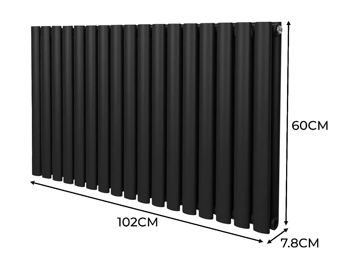 Radiatore a colonna ovale 600 mm x 1020mm Designer Doppio pannello Termosifone Nero Acciaio Orizzontale Inclusi Spazzola per la pulizia Kit di fissaggio e staffe